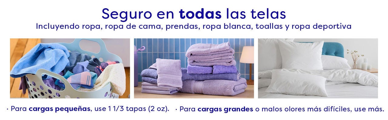 Un panel informativo de Suavitel con el título: 'Seguro en todas las telas', detallando 'Incluyendo ropa, ropa de cama, prendas, ropa blanca, toallas y ropa deportiva'. Tres imágenes de ejemplo muestran una cesta de ropa sucia, toallas moradas dobladas y ropa de cama blanca. En la parte inferior, las instrucciones de dosificación indican: 'Para cargas pequeñas, use 1 1/3 tapas (2 oz). Para cargas grandes o malos olores más difíciles, use más'.