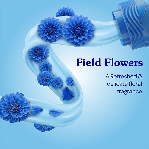 A stylized "S" curve of blue liquid fabric conditioner decorated with blue dahlia flowers. Text describes the Field Flowers scent as: A refreshed and delicate floral fragrance.