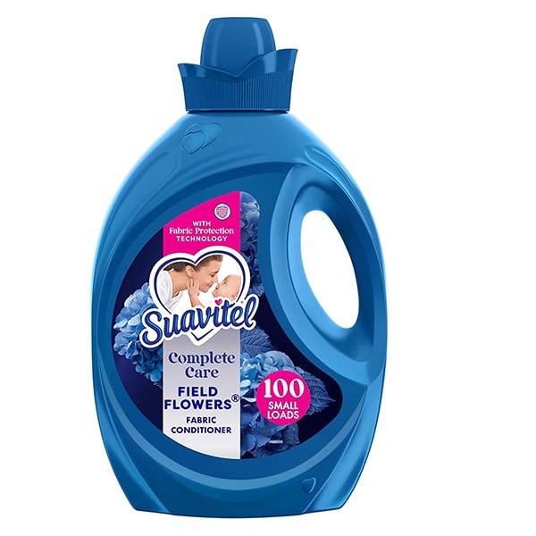 Suavitel Complete Care Liquid Fabric Conditioner in Field Flowers scent. The 100 fluid ounce blue bottle features an image of a mother and baby and states it provides 100 small loads.