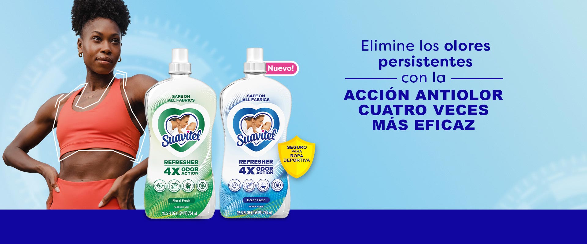 Banner de Suavitel Refresher que muestra a una mujer con ropa deportiva junto a dos botellas del producto (aromas Floral Fresh y Ocean Fresh). El texto destaca: 'Elimine los olores persistentes con la ACCIÓN ANTIOLOR CUATRO VECES MÁS EFICAZ'. Incluye etiquetas de '¡Nuevo!' y un escudo amarillo que indica 'Seguro para ropa deportiva'.