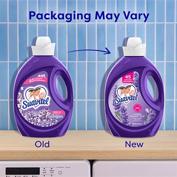 Comparison of old and new Suavitel Lavender fabric softener packaging design.