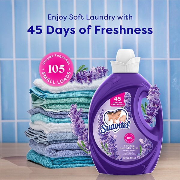 Suavitel Lavender fabric softener bottle with stacked towels and "45 Days of Fresh" text