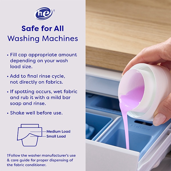 Pouring pink Suavitel fabric conditioner into washing machine with usage instructions 