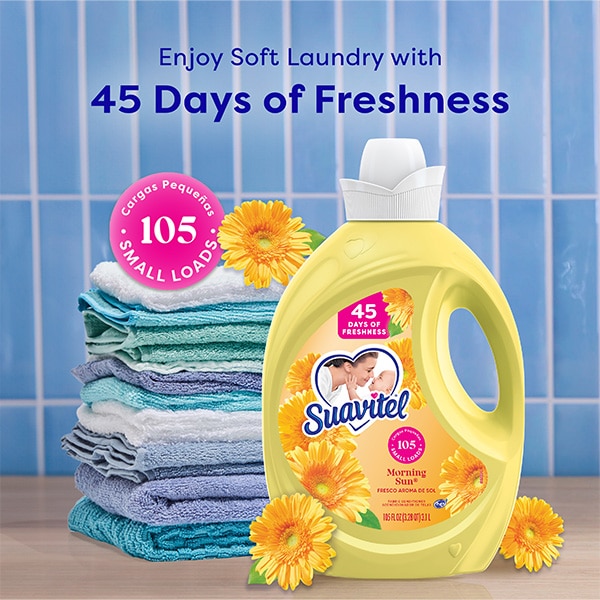 Suavitel Morning Sun fabric conditioner bottle to soft folded towels, highlighting 45 days of freshness for 105 small loads of laundry. Suavitel Morning Sun fabric conditioner bottle to soft folded towels, highlighting 45 days of freshness for 105 small loads of laundry.
