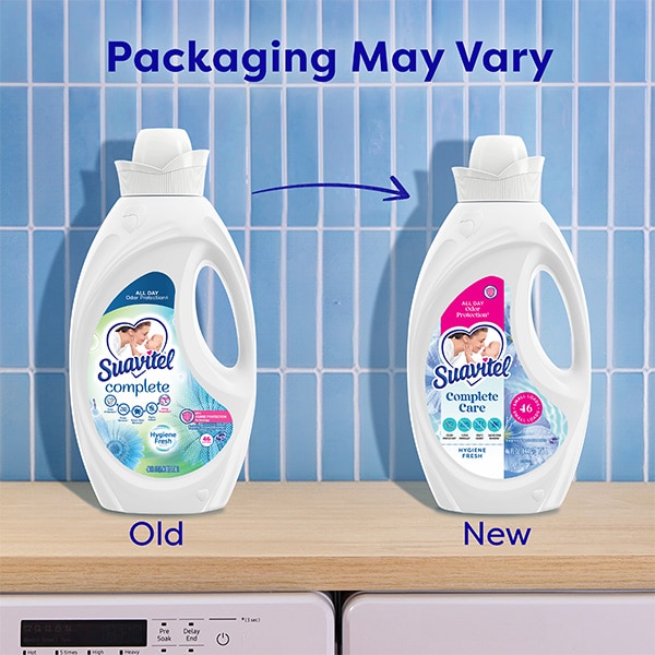 Comparison of old and new Suavitel Hygiene Fresh fabric softener packaging design. 
