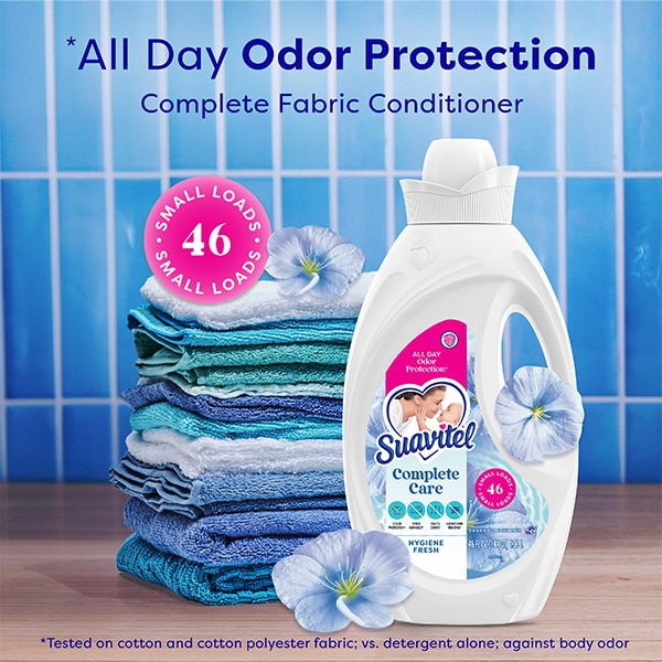 Suavitel Hygiene Fresh fabric softener bottle with stacked towels and "45 Days of Fresh" text 