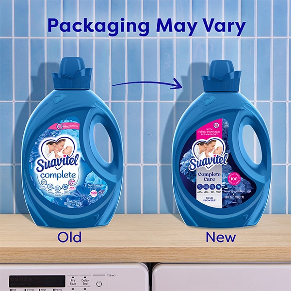 Comparison of old and new Suavitel Field Flowers fabric softener packaging design. Comparison of old and new Suavitel Field Flowers fabric softener packaging design.
