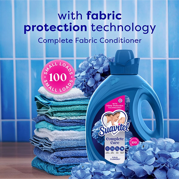 Suavitel Field Flowers fabric softener bottle with stacked towels and "45 Days of Fresh" text Suavitel Field Flowers fabric softener bottle with stacked towels and "45 Days of Fresh" text