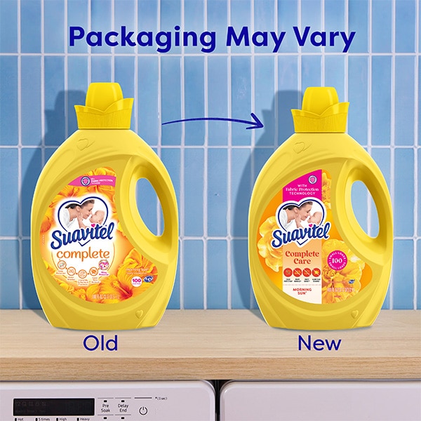 Comparison of old and new Suavitel Complete Morning Sun fabric softener packaging design.
 