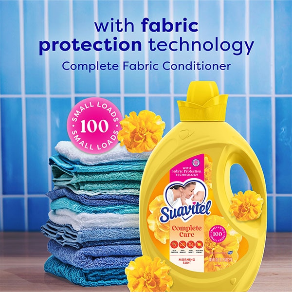 Suavitel Complete Morning Sun fabric softener bottle with stacked towels and "45 Days of Fresh" text 