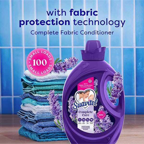 Suavitel soothing fabric softener bottle with stacked towels and "45 Days of Fresh" text Suavitel soothing fabric softener bottle with stacked towels and "45 Days of Fresh" text
