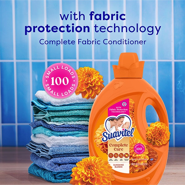 Suavitel sunshine fabric softener bottle with stacked towels and "45 Days of Fresh" text Suavitel sunshine fabric softener bottle with stacked towels and "45 Days of Fresh" text