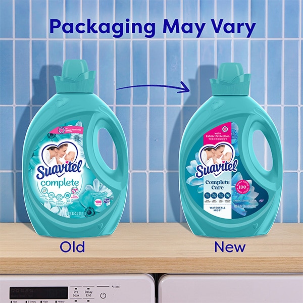 Comparison of old and new Suavitel waterfall fabric softener packaging design. Comparison of old and new Suavitel waterfall fabric softener packaging design.