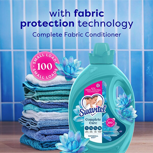 Suavitel waterfall fabric softener bottle with stacked towels and "45 Days of Fresh" text Suavitel waterfall fabric softener bottle with stacked towels and "45 Days of Fresh" text