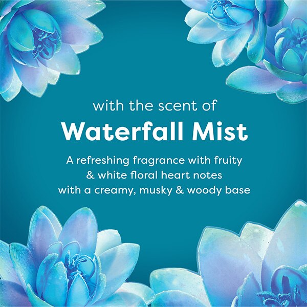 Waterfall Mist framing text describing rich, creamy oriental white floral fragrance Waterfall Mist framing text describing rich, creamy oriental white floral fragrance